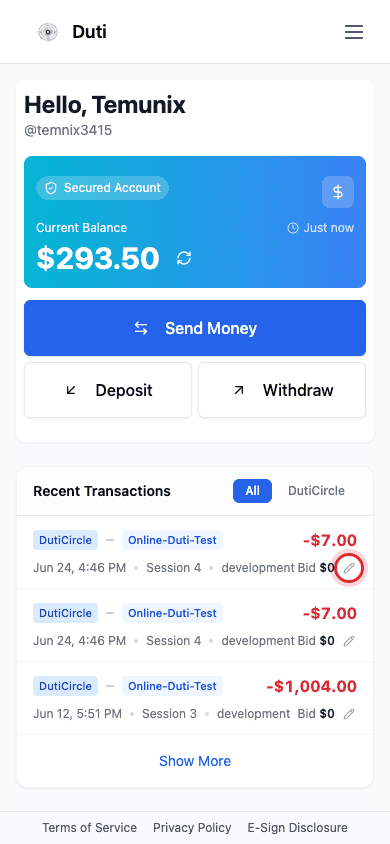 Recent Transactions with the Edit bid button