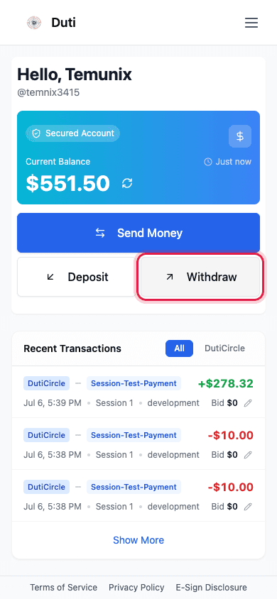 The Withdraw button in the Duti Wallet