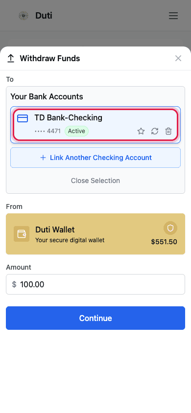 Choose the destination bank account